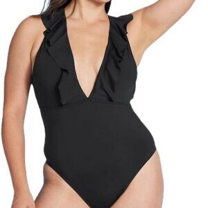 SHADE SHORE Black Plunge Flounce Neckline One Piece Swimsuit Womens Medium